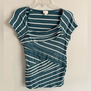 Anthropologie Postmark Teal White Stripe Slanted Layers Tee Size M